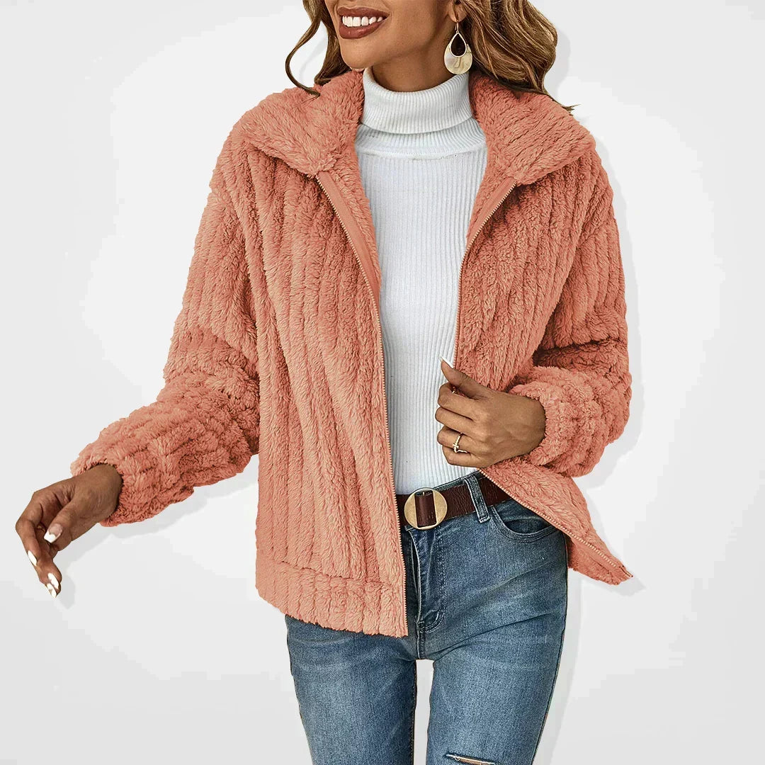 Women's Teddy Fleece Zip Up Jacket with Collar – Ribbed Texture Fluffy Short Jacket