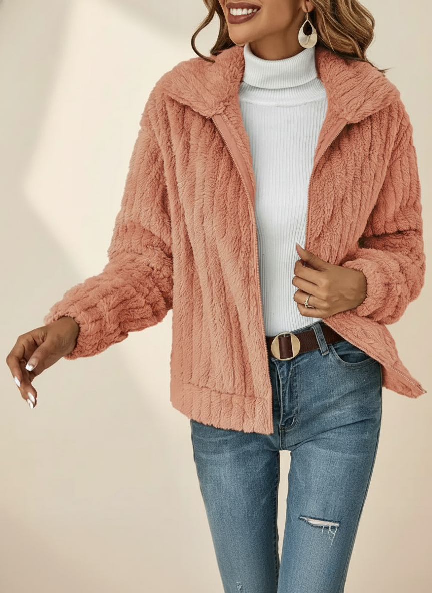 Women's Teddy Fleece Zip Up Jacket with Collar – Ribbed Texture Fluffy Short Jacket