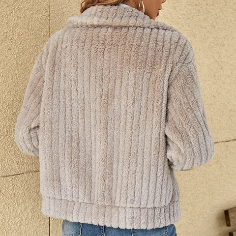 Women's Teddy Fleece Zip Up Jacket with Collar – Ribbed Texture Fluffy Short Jacket