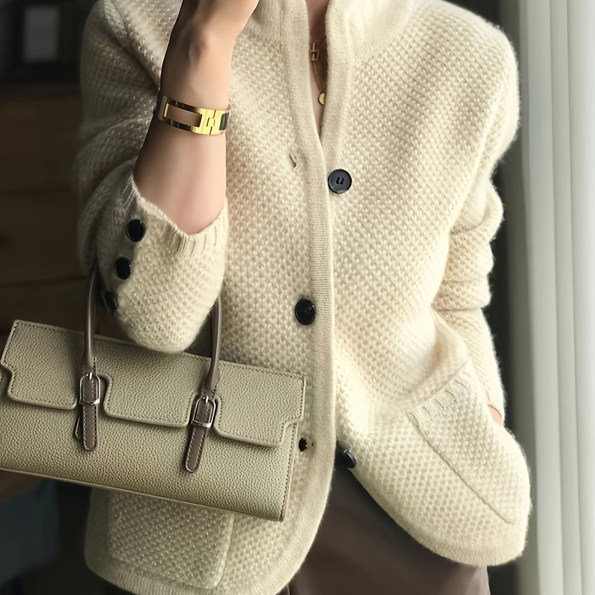 Women's Textured Knit Stand Collar Cardigan Jacket – Honeycomb Knit with Button Cuffs