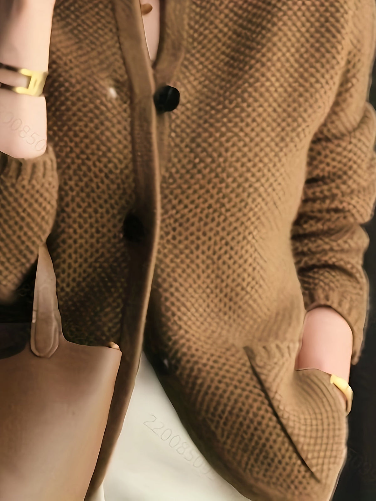 Women's Textured Knit Stand Collar Cardigan Jacket – Honeycomb Knit with Button Cuffs