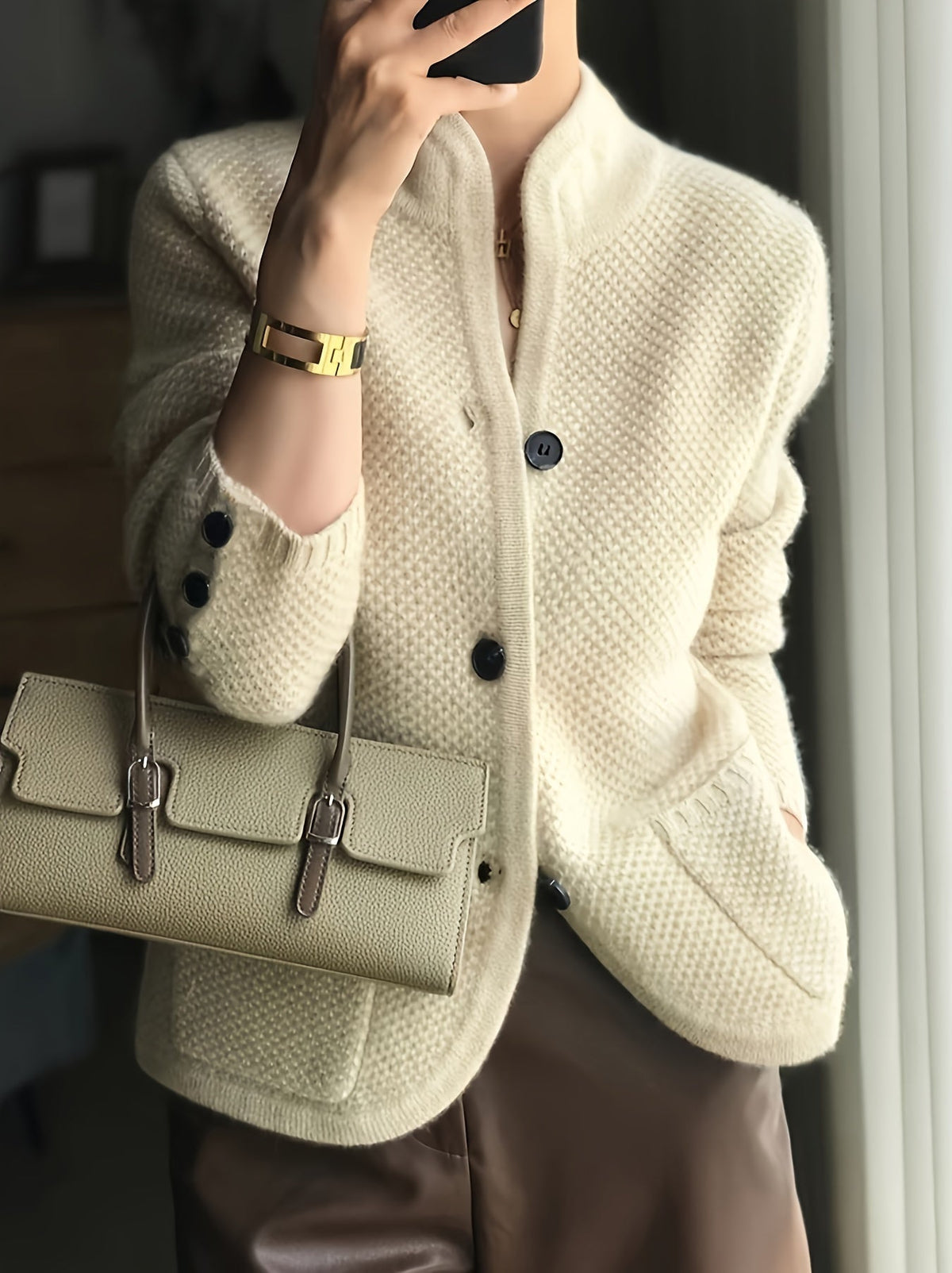 Women's Textured Knit Stand Collar Cardigan Jacket – Honeycomb Knit with Button Cuffs
