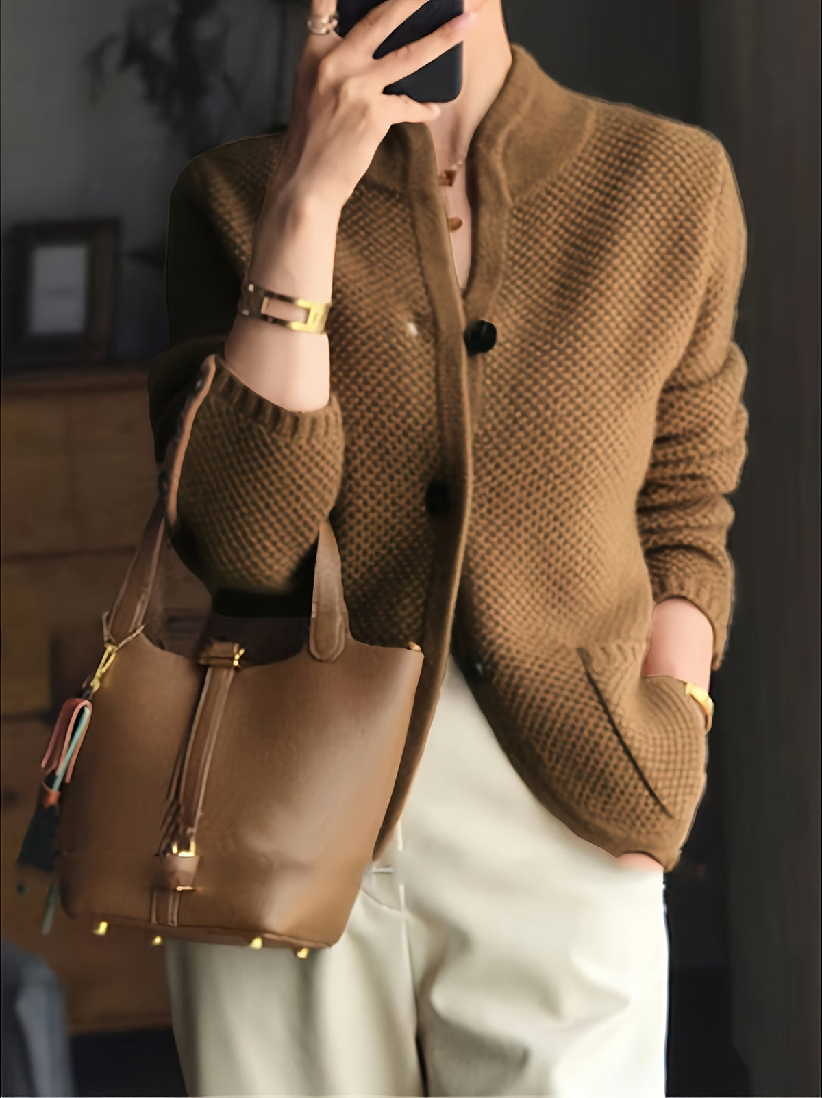 Women's Textured Knit Stand Collar Cardigan Jacket – Honeycomb Knit with Button Cuffs