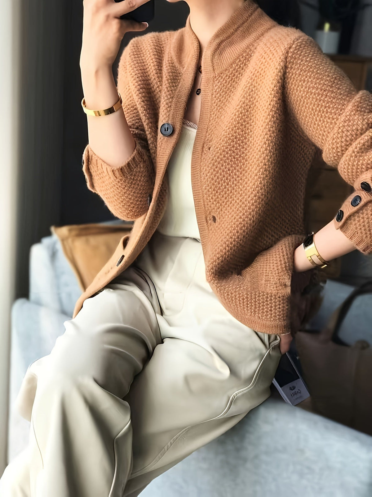 Women's Textured Knit Stand Collar Cardigan Jacket – Honeycomb Knit with Button Cuffs