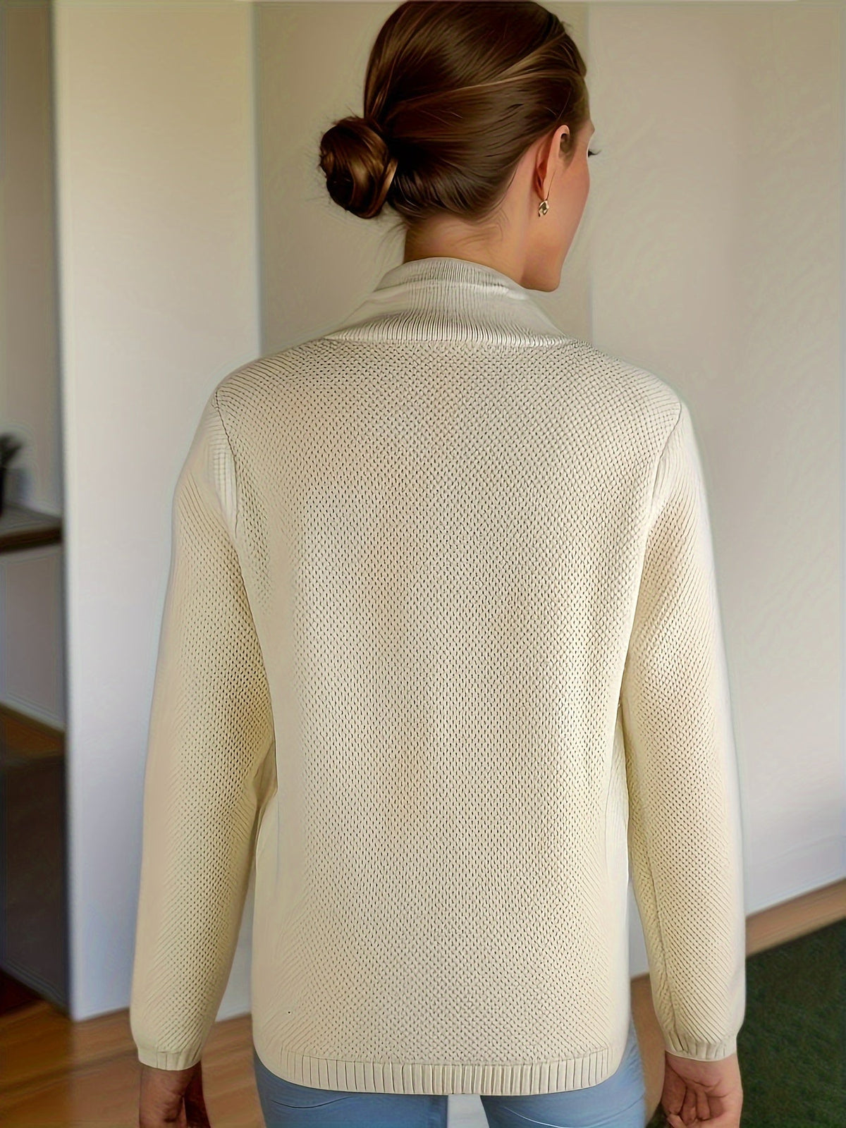 Women's Textured Knit Stand Collar Cardigan Jacket – Honeycomb Knit with Button Cuffs