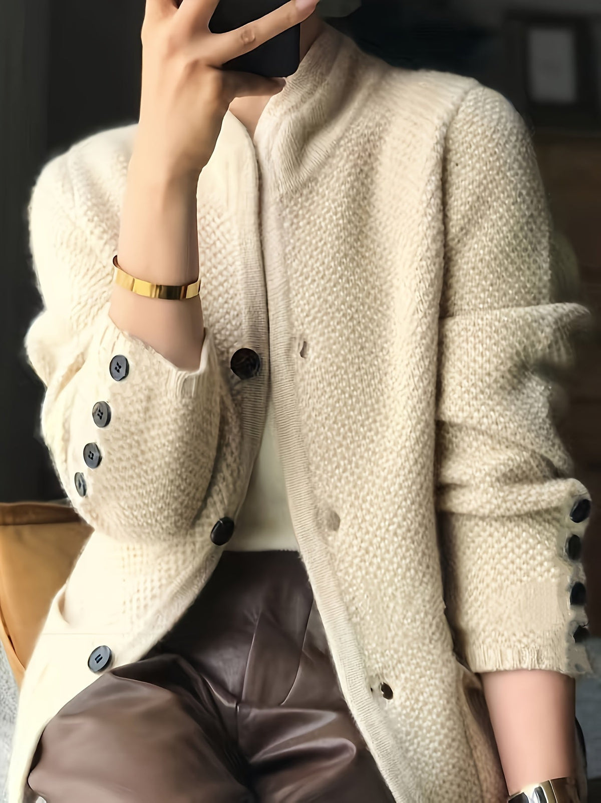 Women's Textured Knit Stand Collar Cardigan Jacket – Honeycomb Knit with Button Cuffs