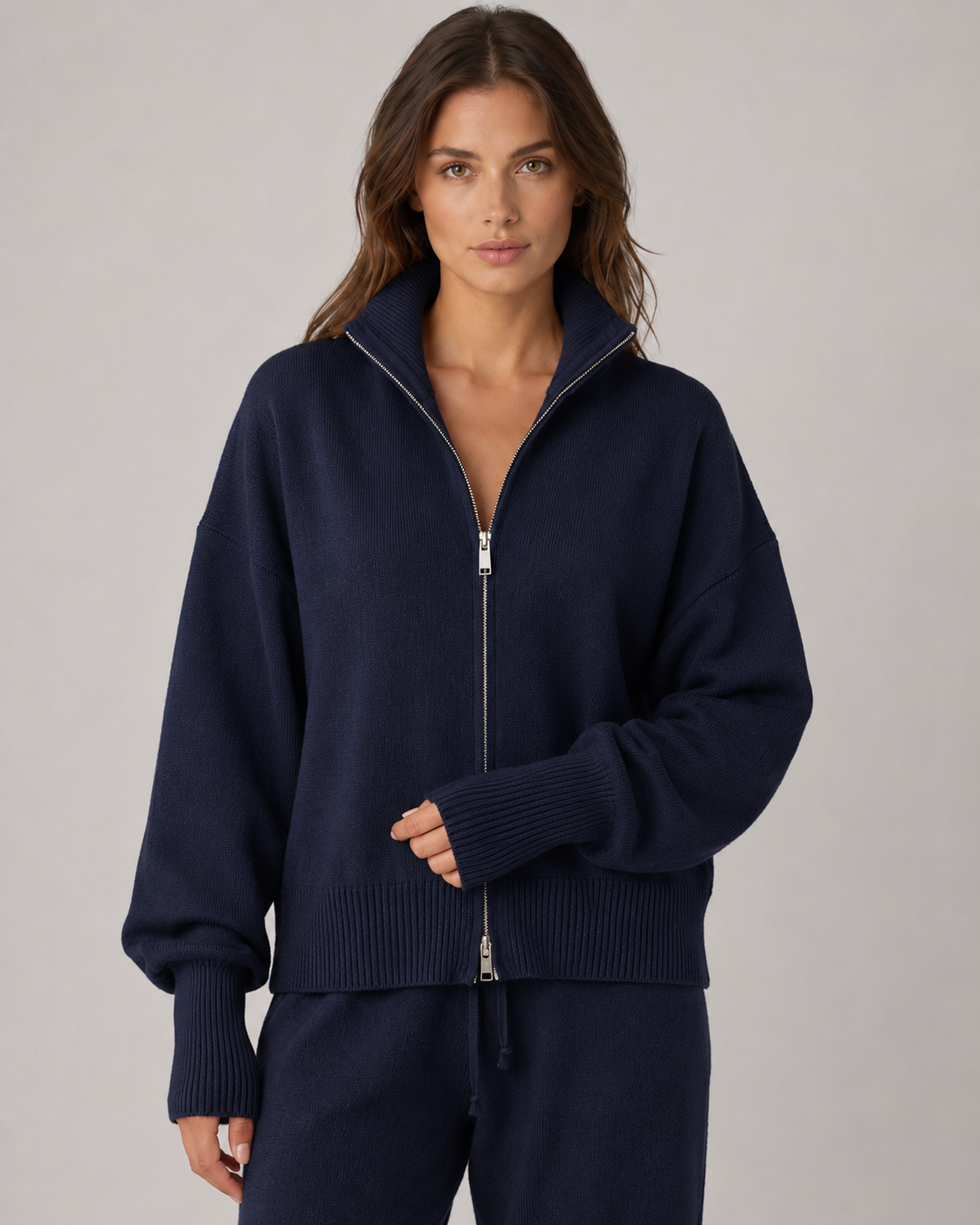 Women's Two-Way Zip Knit Cardigan – Funnel Neck