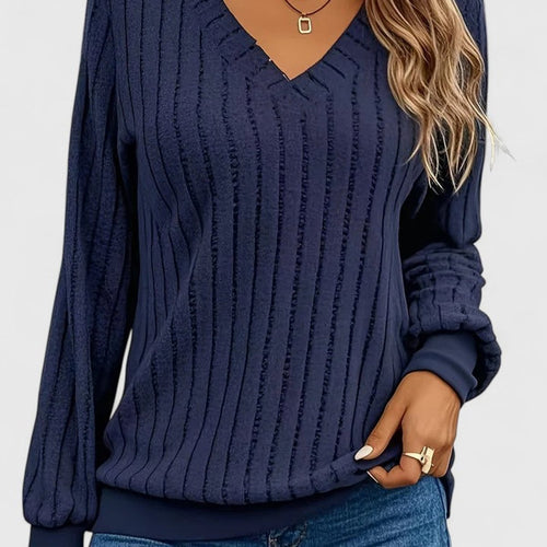 Kacob | Women's V-Neck Cable Knit Jumper – Balloon Sleeve Ribbed Knitted Jumper