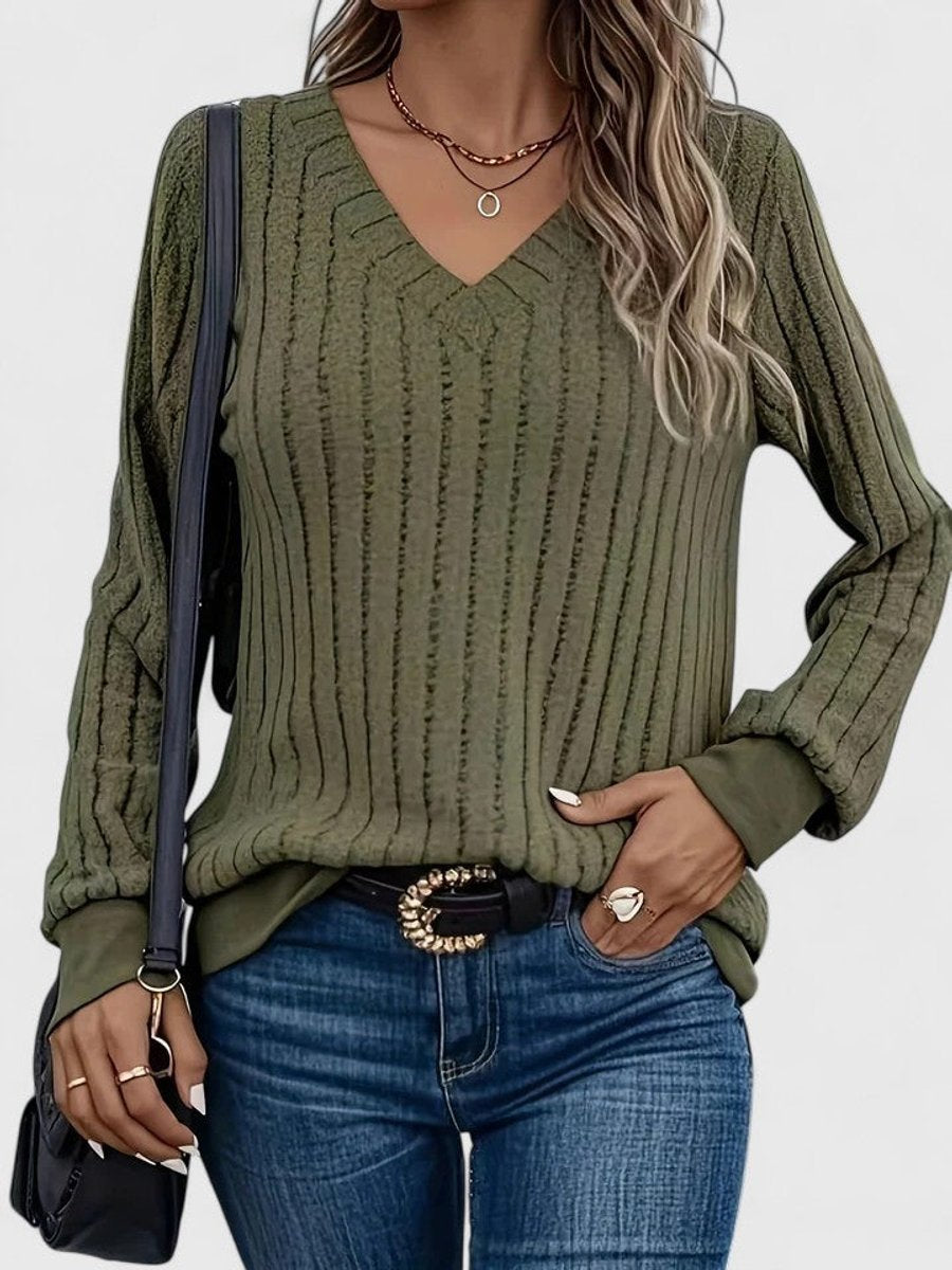 Kacob | Women's V-Neck Cable Knit Jumper – Balloon Sleeve Ribbed Knitted Jumper
