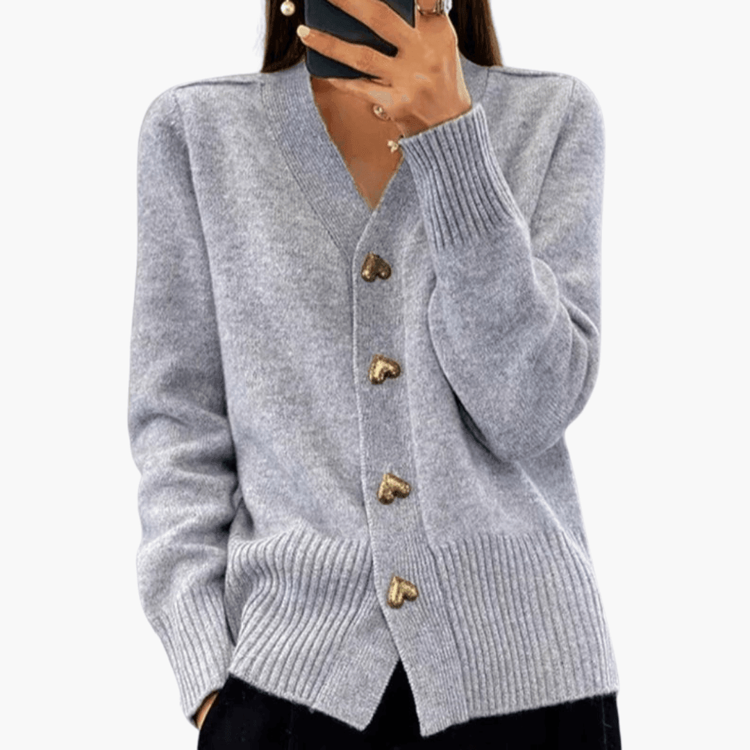 Kacob | Women's V-Neck Cardigan – Heart Button Ribbed Knit Cardigan