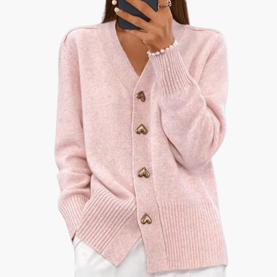 Kacob | Women's V-Neck Cardigan – Heart Button Ribbed Knit Cardigan