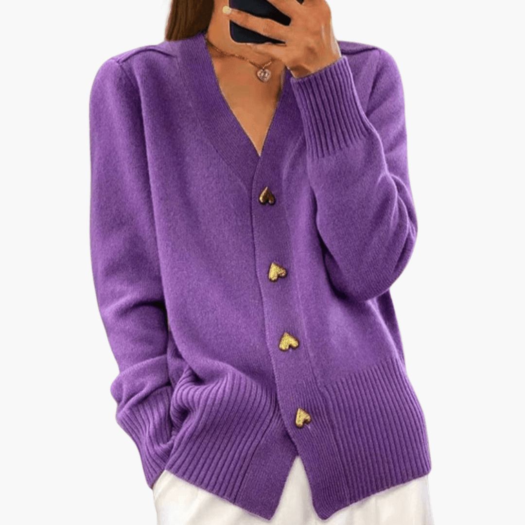 Kacob | Women's V-Neck Cardigan – Heart Button Ribbed Knit Cardigan