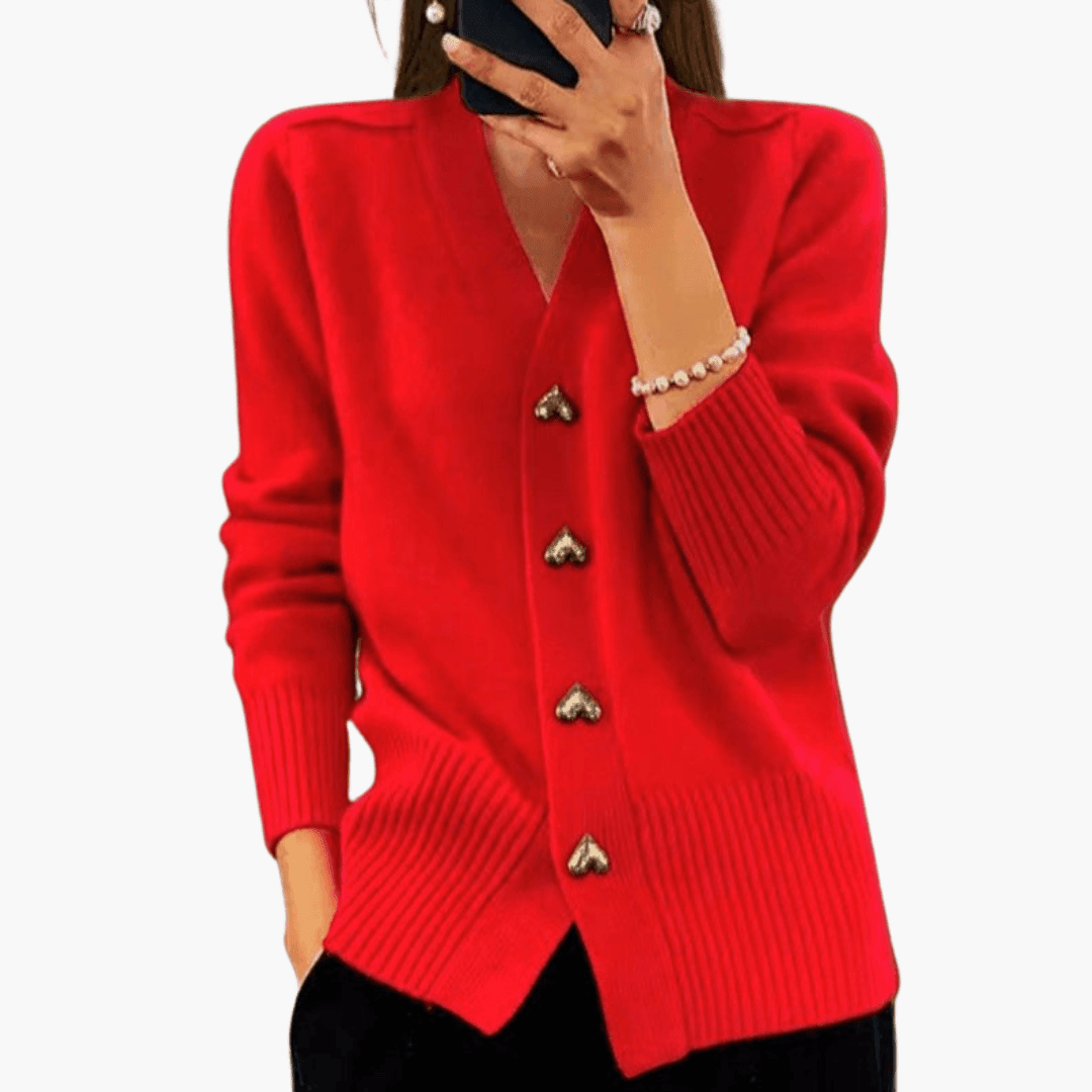 Kacob | Women's V-Neck Cardigan – Heart Button Ribbed Knit Cardigan