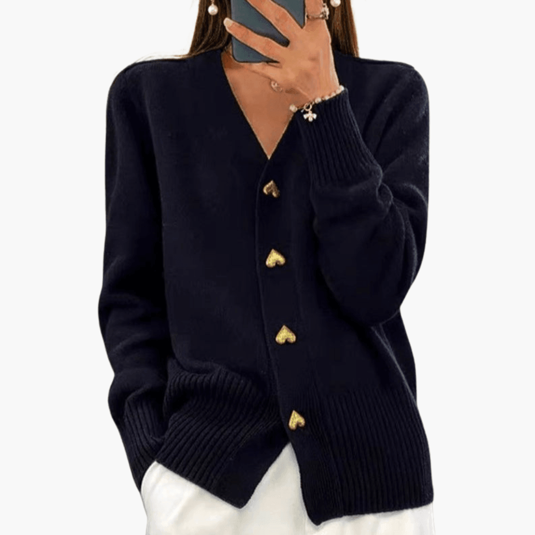 Kacob | Women's V-Neck Cardigan – Heart Button Ribbed Knit Cardigan