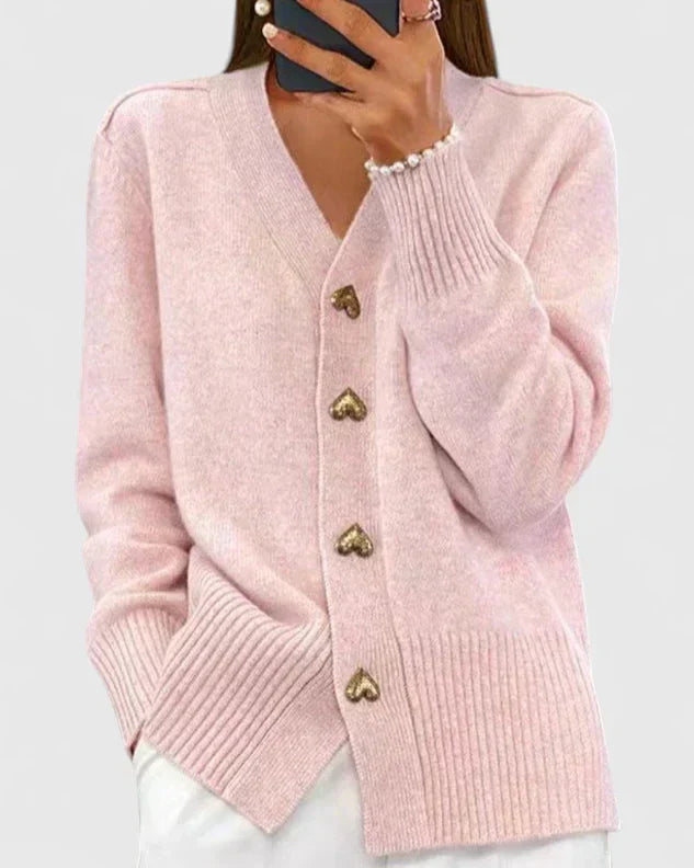 Women's V Neck Cardigan with Heart Buttons – Fine Knit Ribbed Trim Button Front Knit