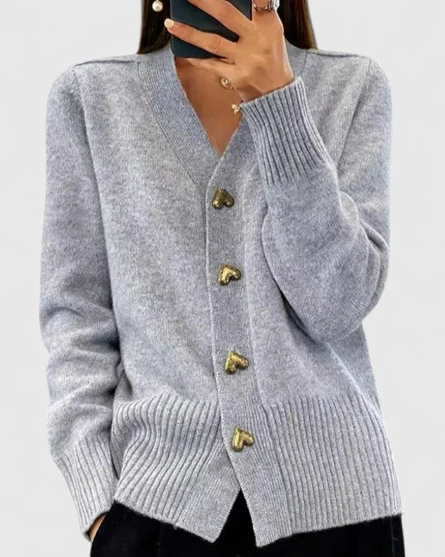Women's V Neck Cardigan with Heart Buttons – Fine Knit Ribbed Trim Button Front Knit