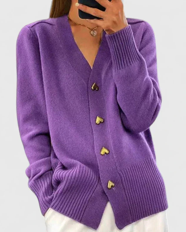 Women's V Neck Cardigan with Heart Buttons – Fine Knit Ribbed Trim Button Front Knit