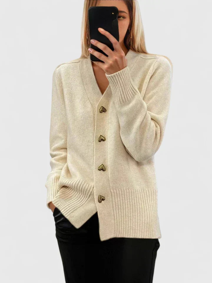 Women's V Neck Cardigan with Heart Buttons – Fine Knit Ribbed Trim Button Front Knit