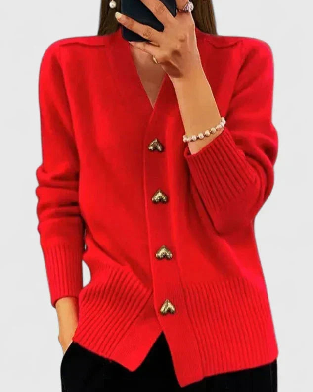 Women's V Neck Cardigan with Heart Buttons – Fine Knit Ribbed Trim Button Front Knit