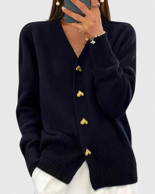 Women's V Neck Cardigan with Heart Buttons – Fine Knit Ribbed Trim Button Front Knit