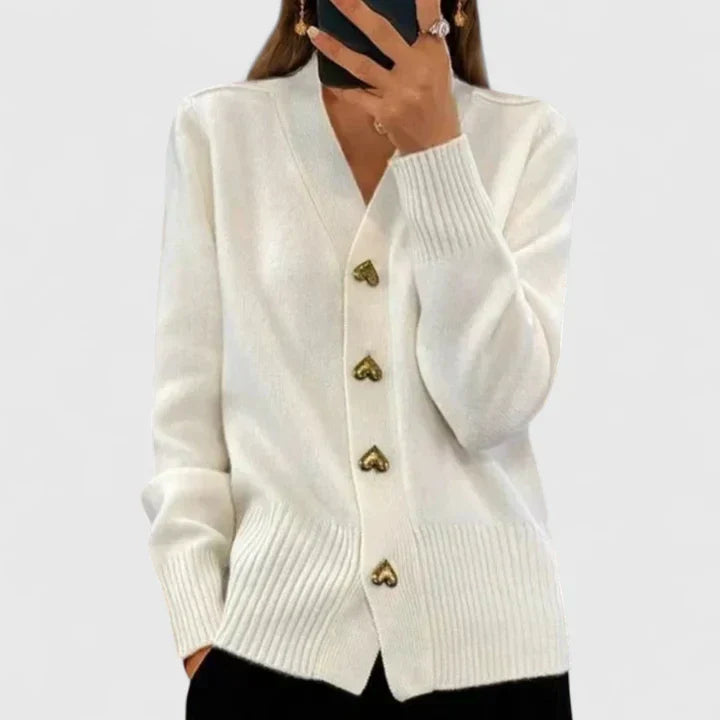 Women's V Neck Cardigan with Heart Buttons – Fine Knit Ribbed Trim Button Front Knit