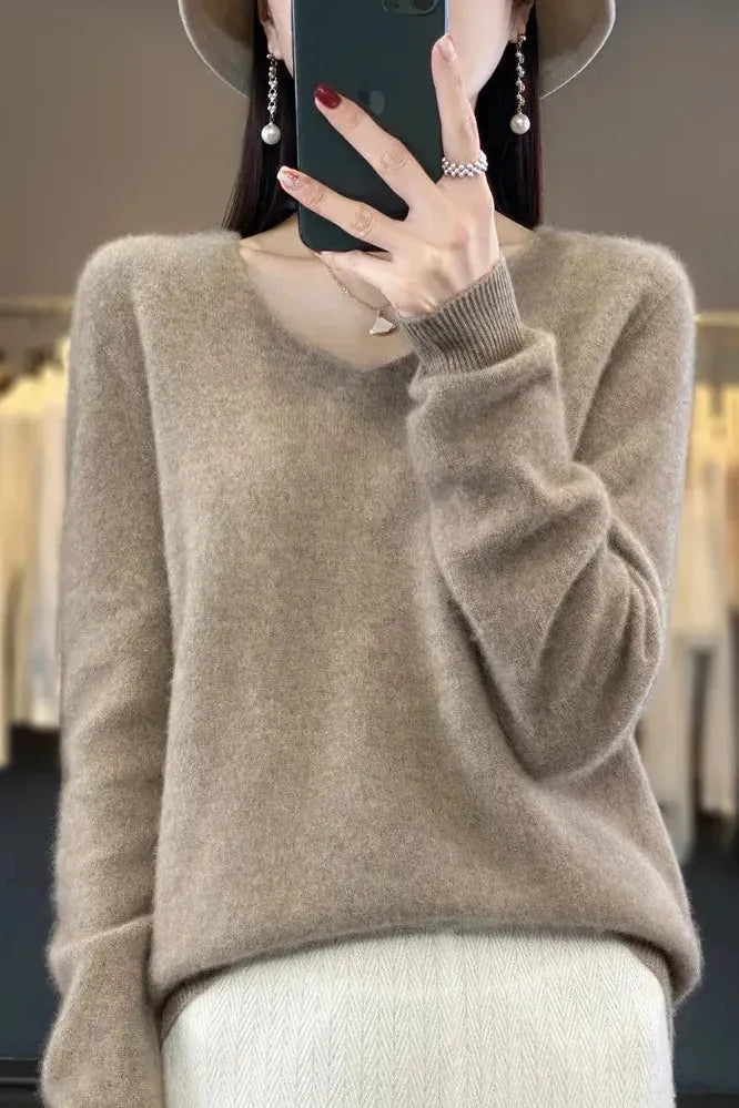 Kacob | Women's V-Neck Jumper – Relaxed Fine Knit Long Sleeve Jumper