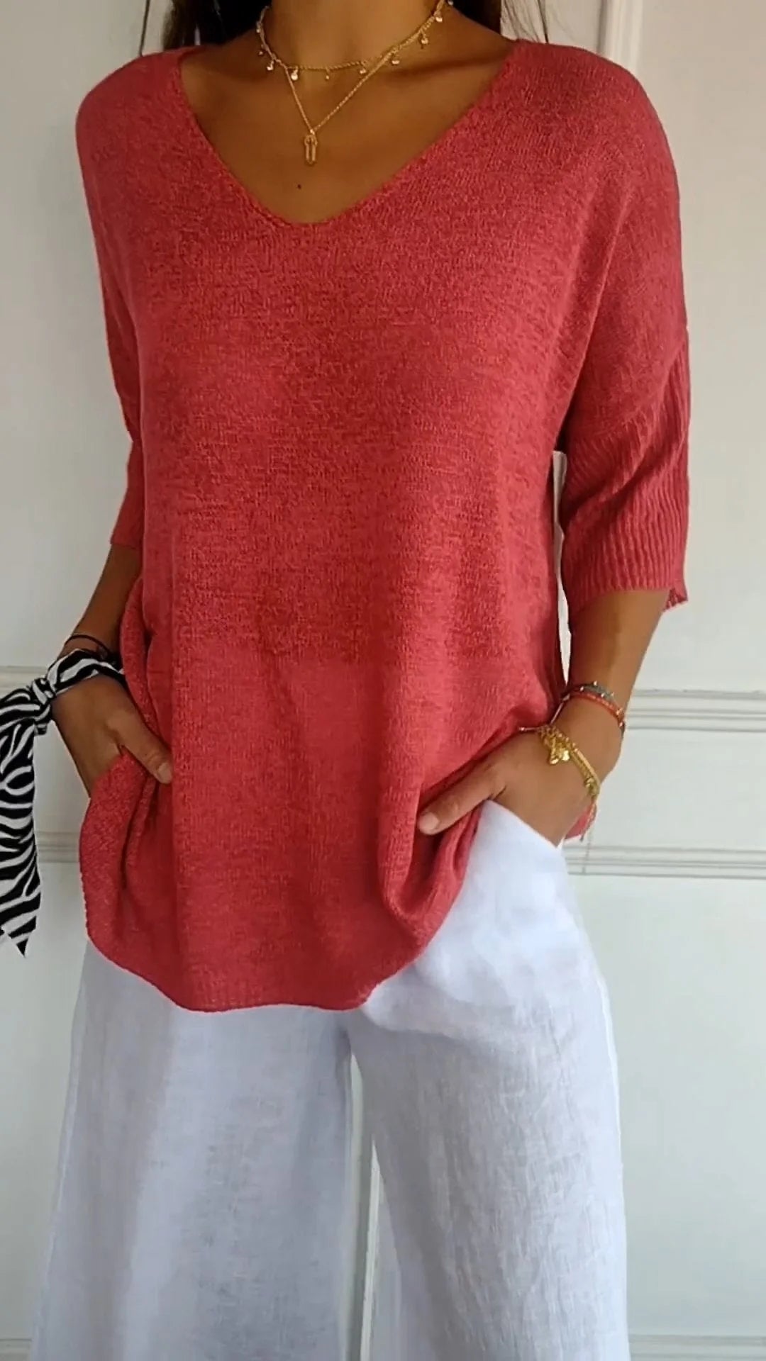 Kacob | Women's V-Neck Knit Top – Three Quarter Sleeve Fine Knit Jumper