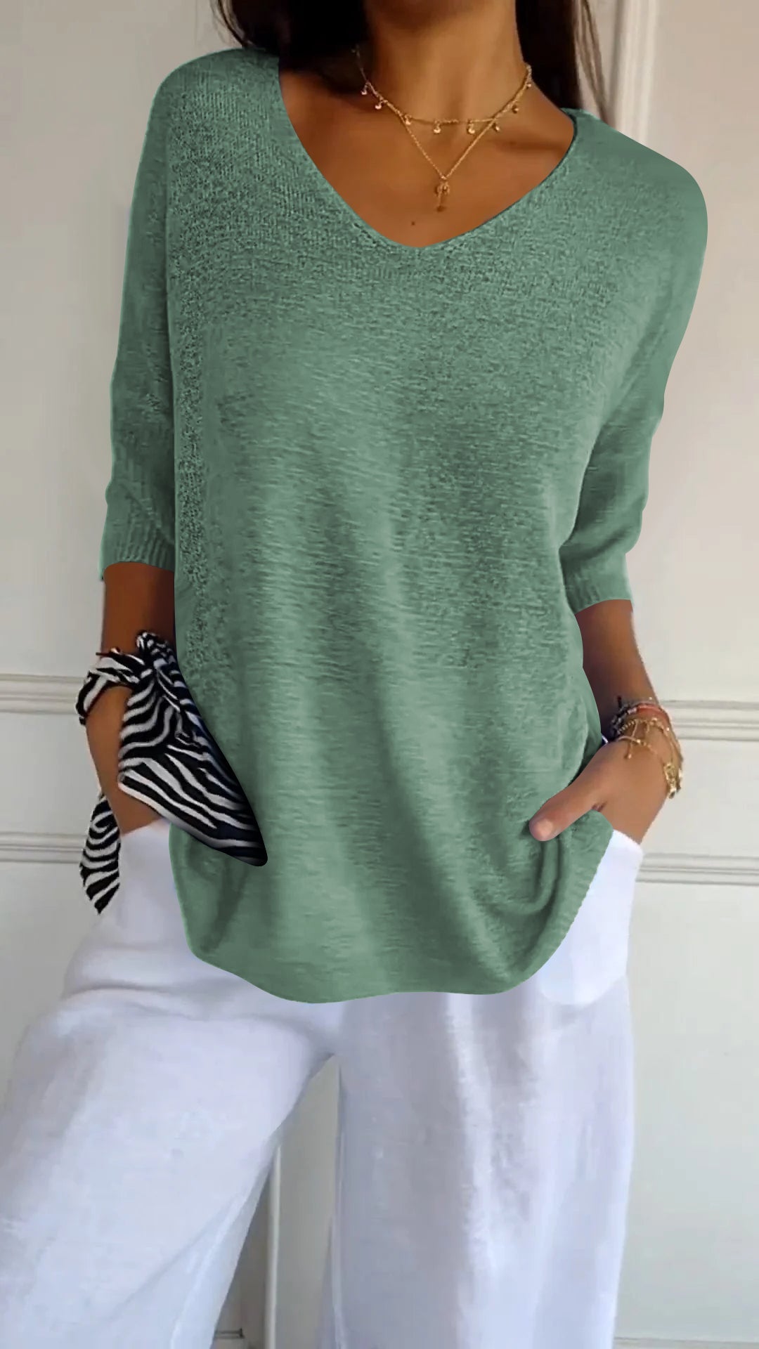 Kacob | Women's V-Neck Knit Top – Three Quarter Sleeve Fine Knit Jumper