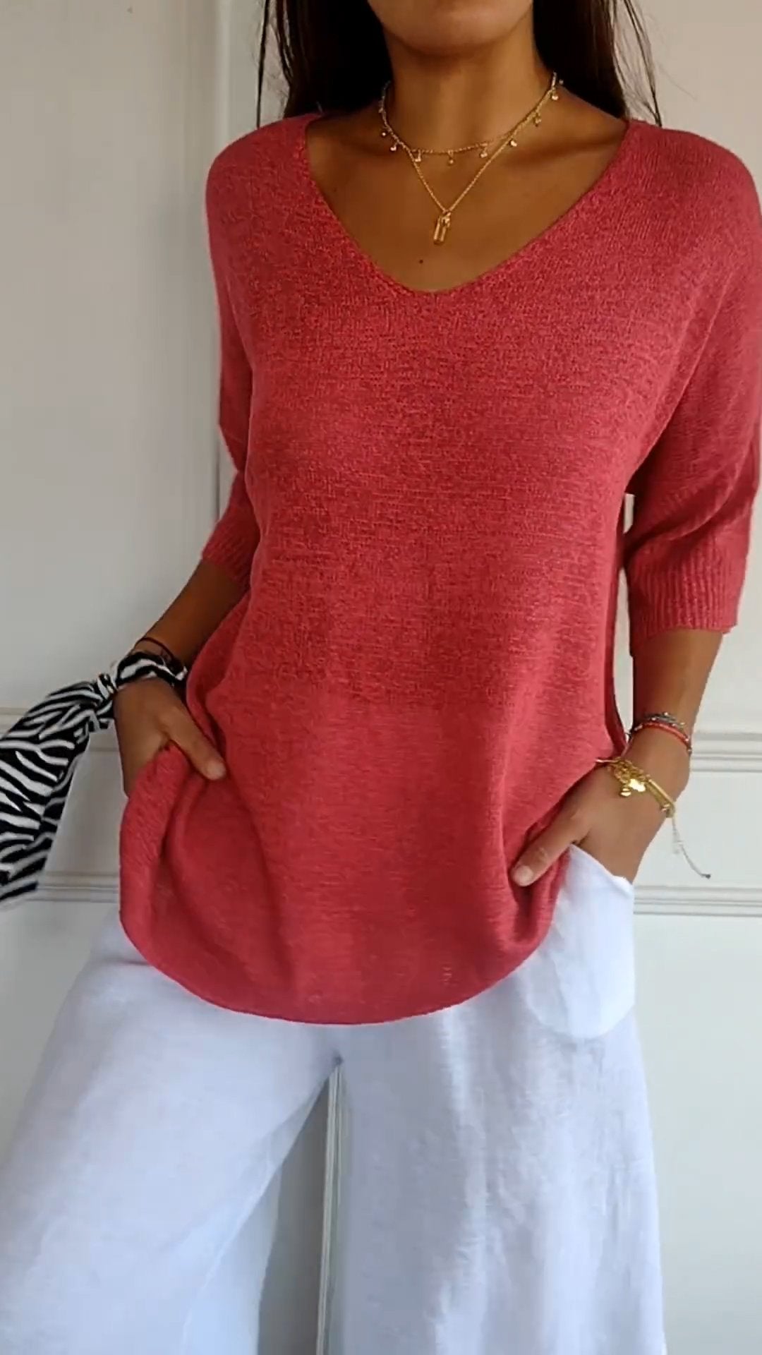 Kacob | Women's V-Neck Knit Top – Three Quarter Sleeve Fine Knit Jumper