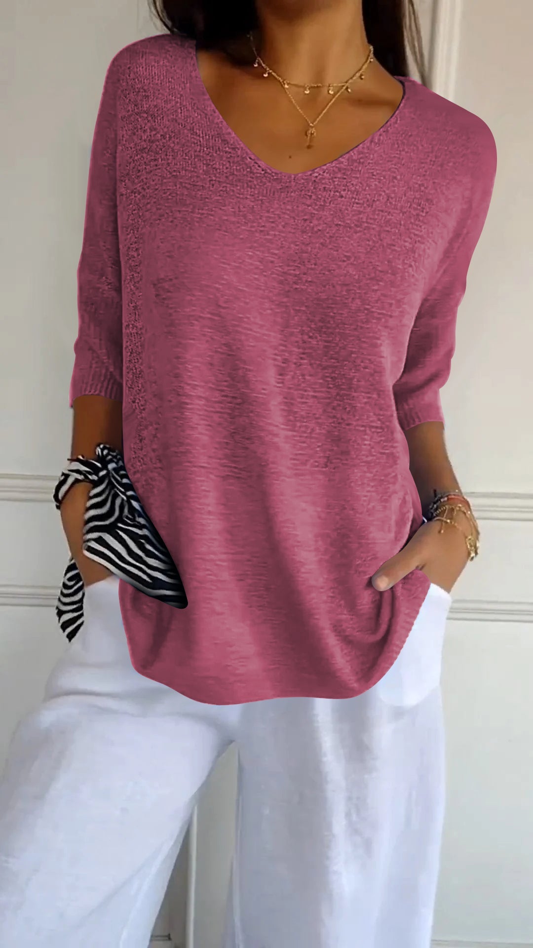 Kacob | Women's V-Neck Knit Top – Three Quarter Sleeve Fine Knit Jumper