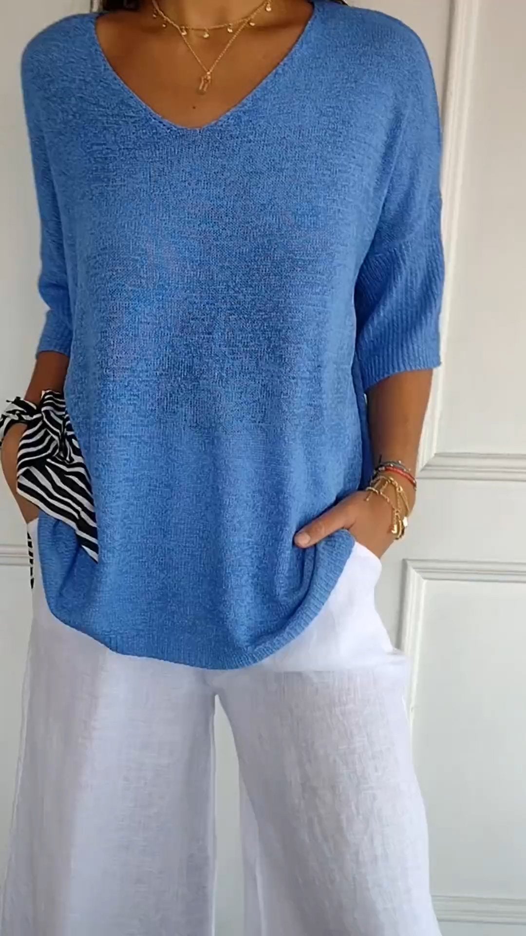 Kacob | Women's V-Neck Knit Top – Three Quarter Sleeve Fine Knit Jumper