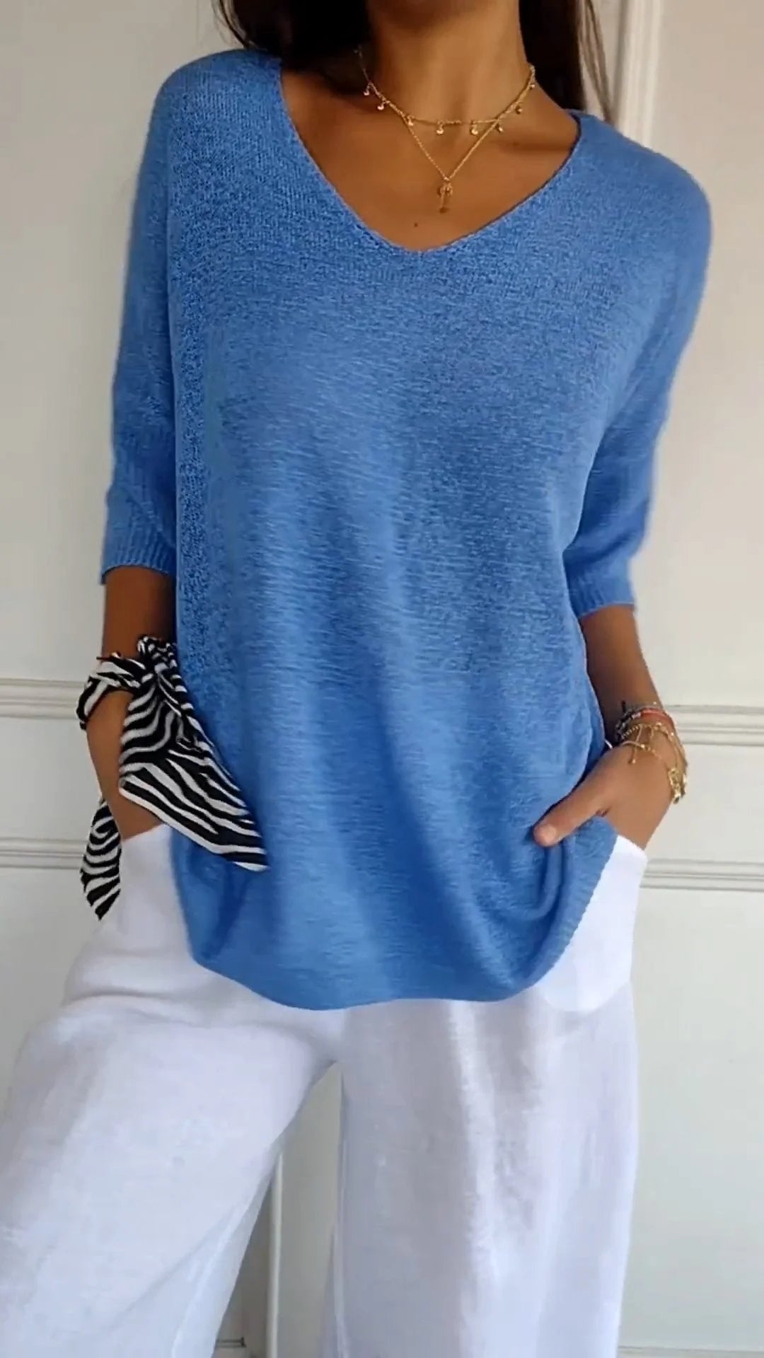Kacob | Women's V-Neck Knit Top – Three Quarter Sleeve Fine Knit Jumper