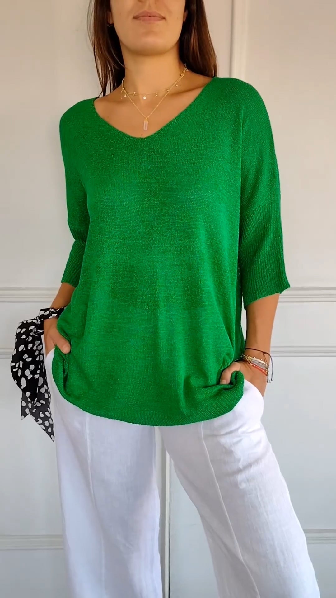 Kacob | Women's V-Neck Knit Top – Three Quarter Sleeve Fine Knit Jumper