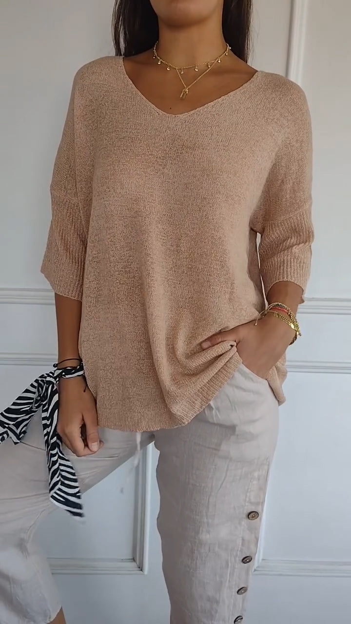 Kacob | Women's V-Neck Knit Top – Three Quarter Sleeve Fine Knit Jumper