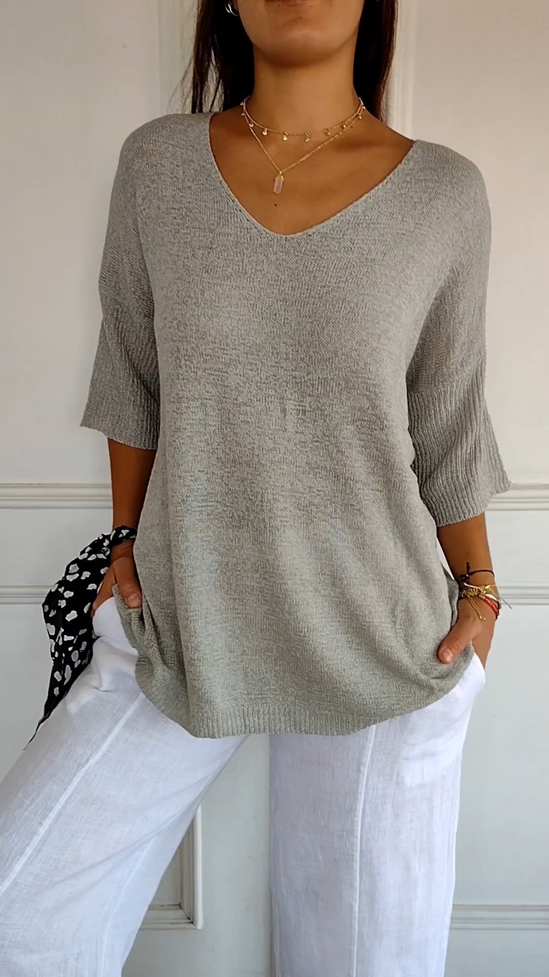 Kacob | Women's V-Neck Knit Top – Three Quarter Sleeve Fine Knit Jumper