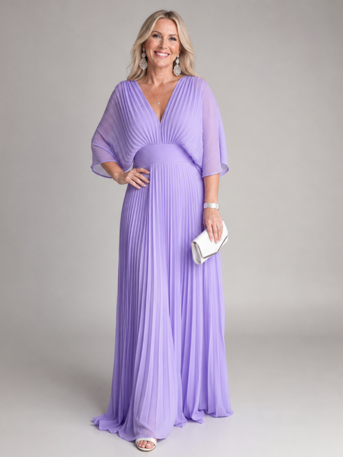 Kacob | Women's V Neck Long Sleeve Maxi Dress – Pleated Sleeve Evening Dress