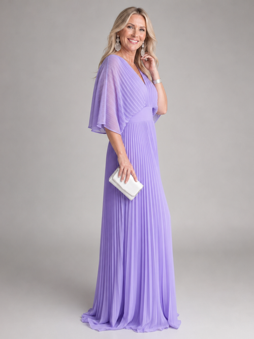 Kacob | Women's V Neck Long Sleeve Maxi Dress – Pleated Sleeve Evening Dress
