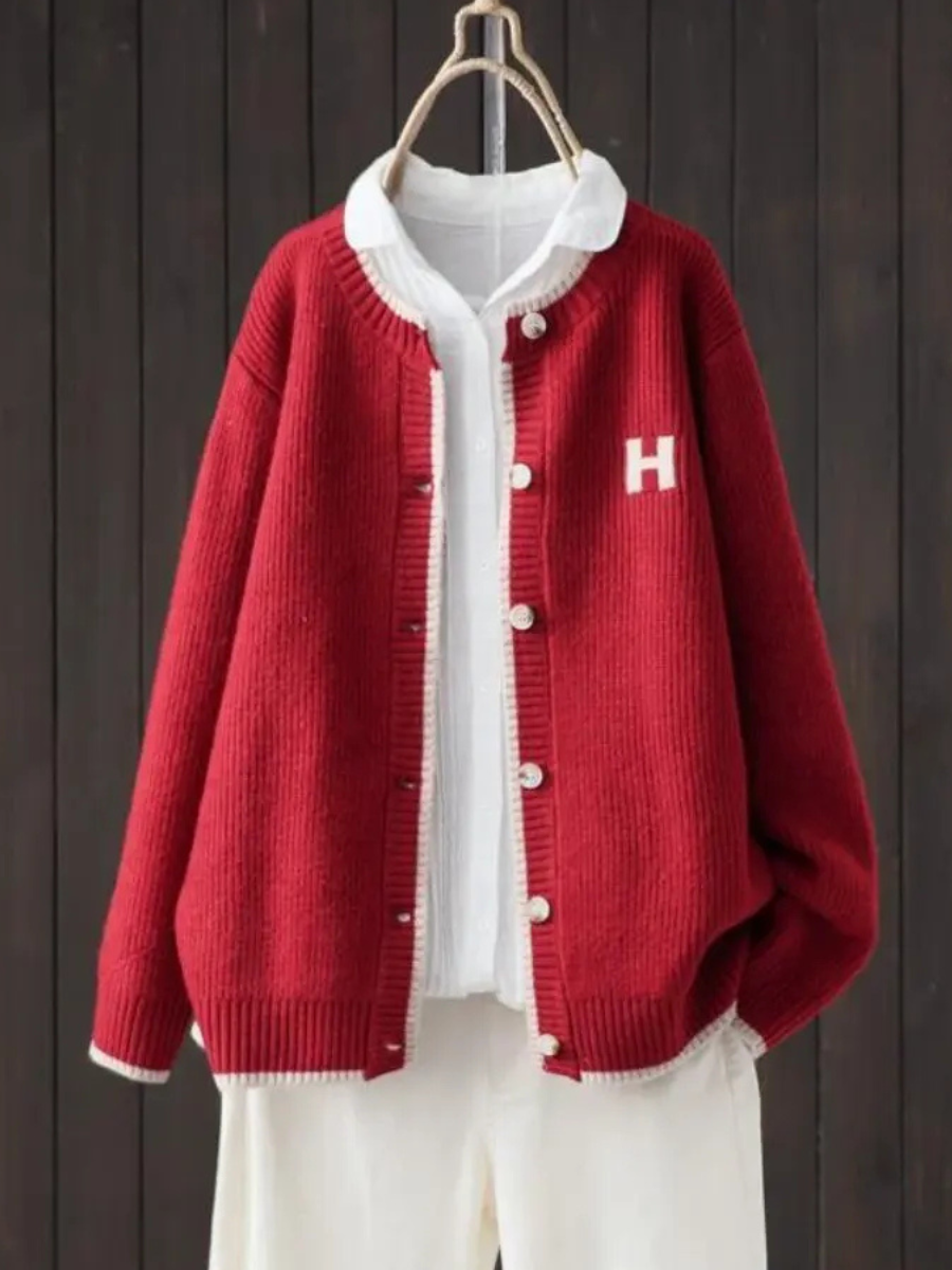 Women's Varsity Letter Patch Cardigan – Contrast Trim Round Neck Button Front Knit