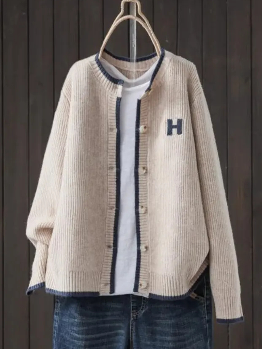 Women's Varsity Letter Patch Cardigan – Contrast Trim Round Neck Button Front Knit