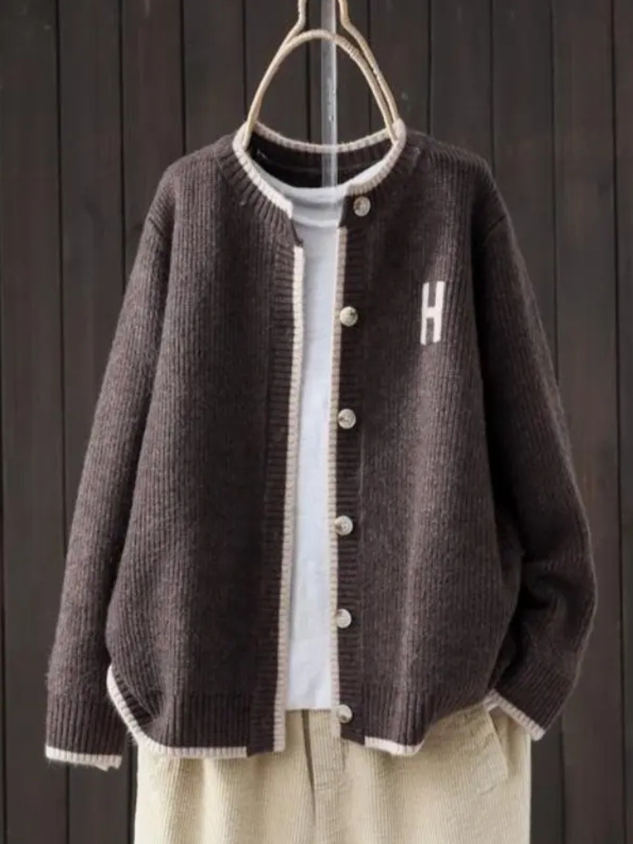 Women's Varsity Letter Patch Cardigan – Contrast Trim Round Neck Button Front Knit