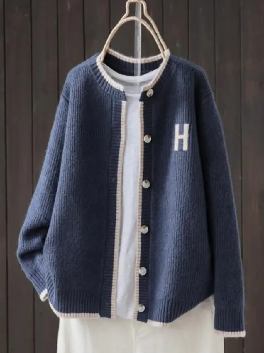 Women's Varsity Letter Patch Cardigan – Contrast Trim Round Neck Button Front Knit