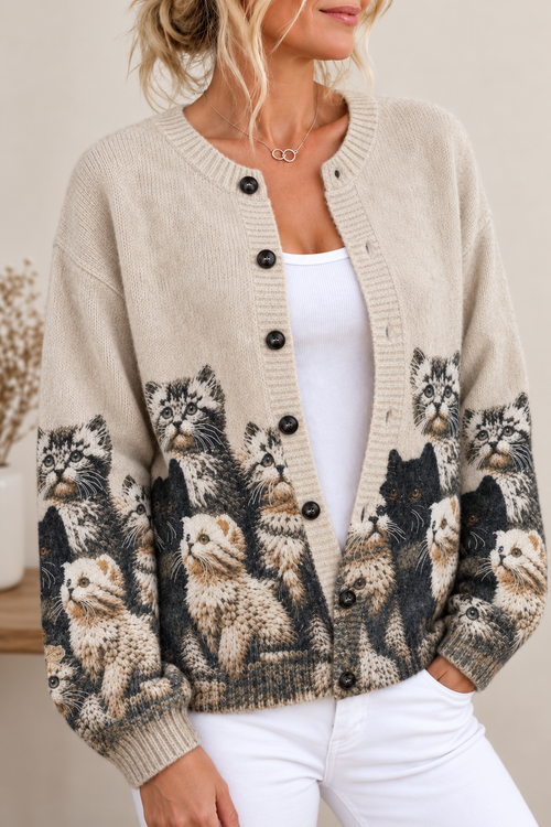 Kacob | Women's Vintage Cat Portrait Knitted Cardigan – Relaxed Autumn Cardigan
