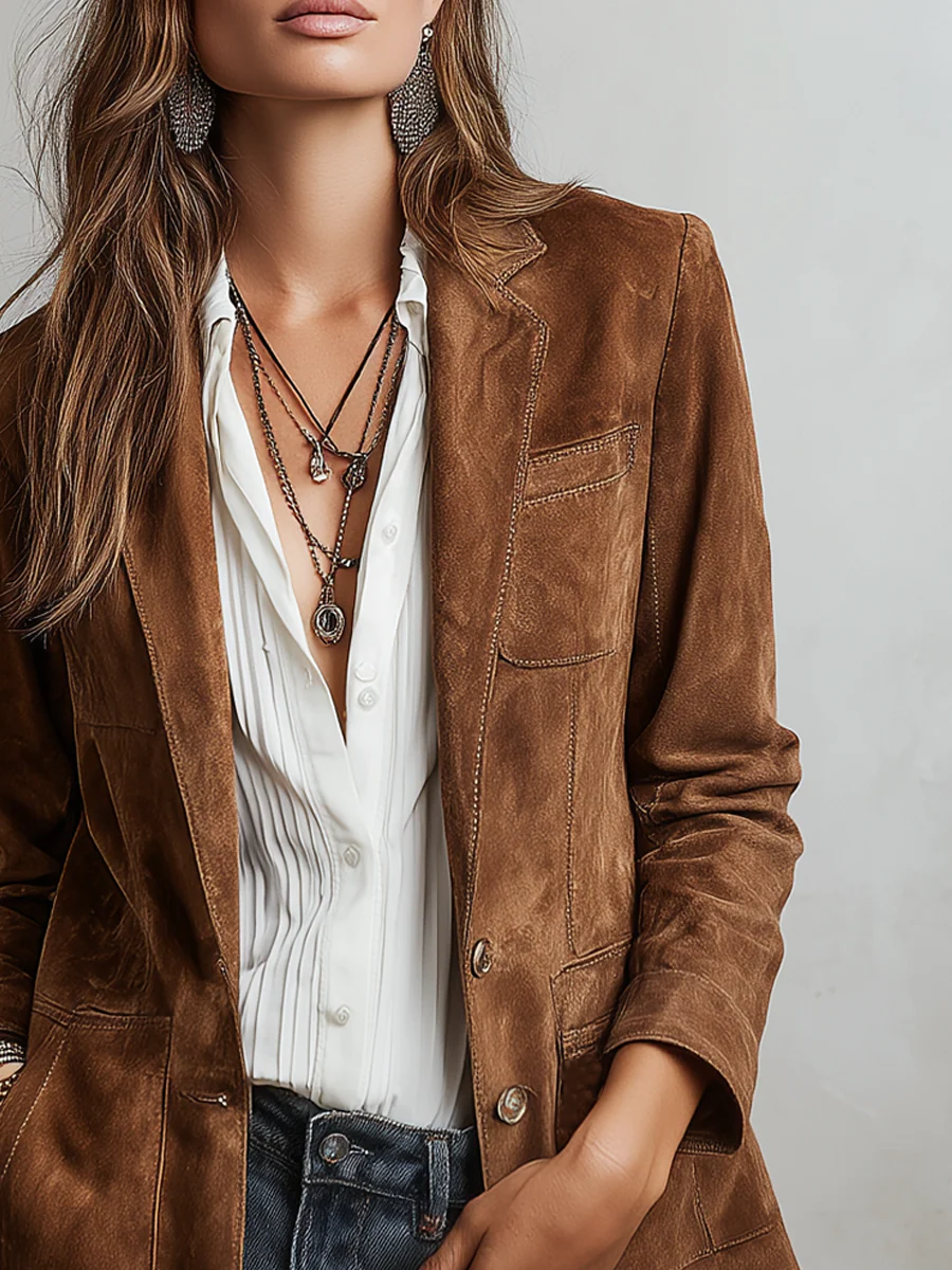 Kacob | Women's Vintage Contrast Stitch Blazer – Tailored Workwear Jacket