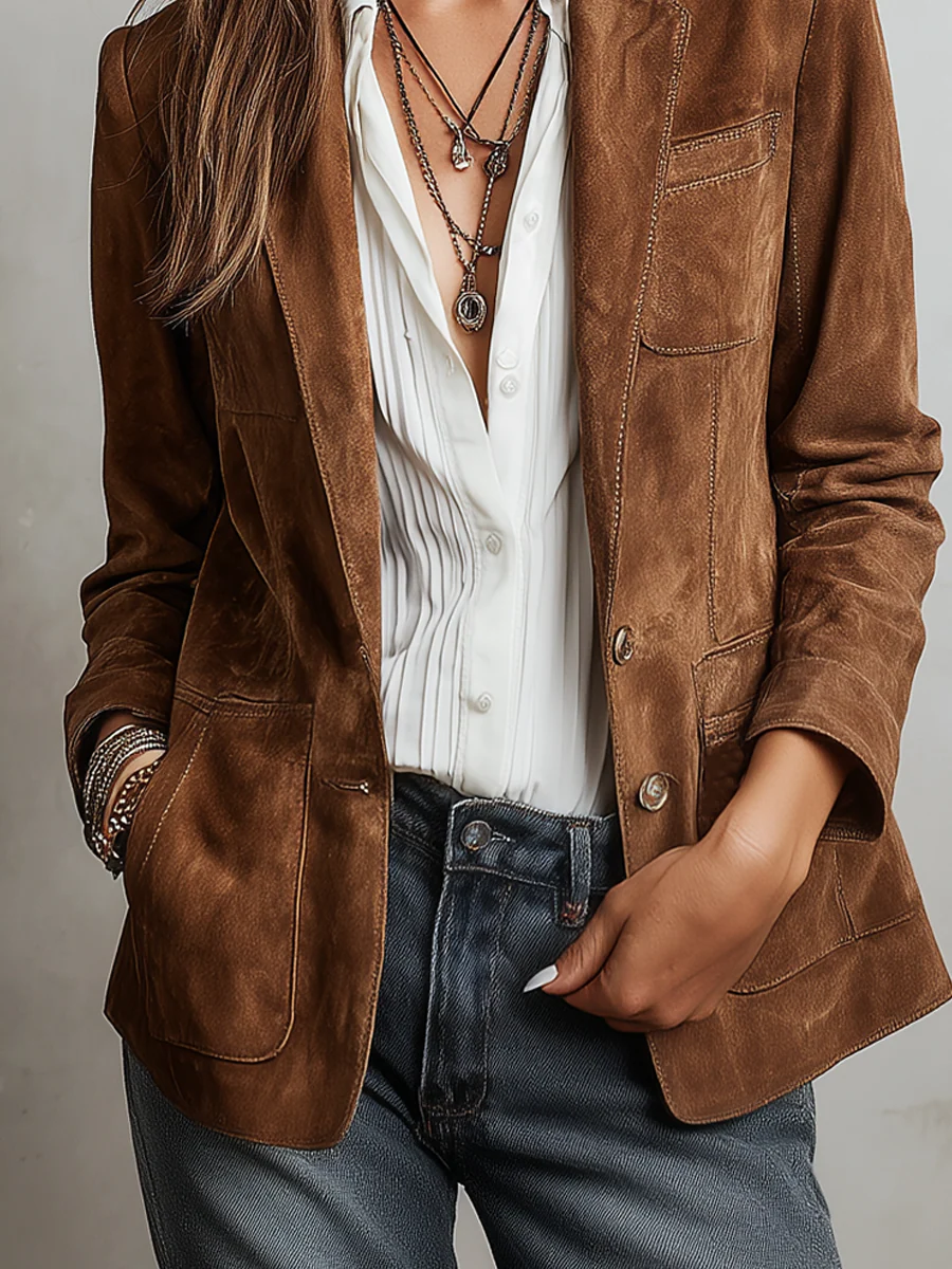 Kacob | Women's Vintage Contrast Stitch Blazer – Tailored Workwear Jacket