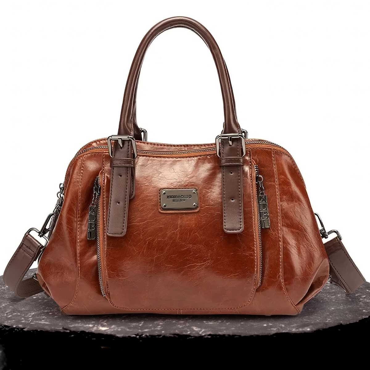 Women's Vintage Look Bowler Handbag – Twin Handle Buckle Detail Bag with Shoulder Strap