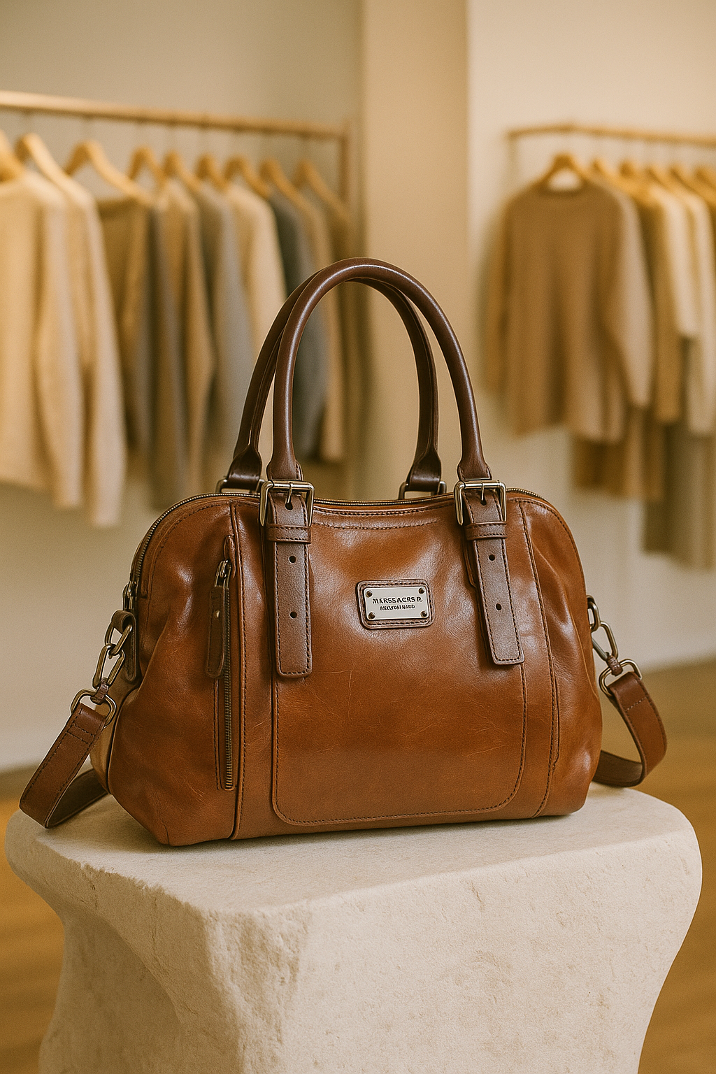 Women's Vintage Look Bowler Handbag – Twin Handle Buckle Detail Bag with Shoulder Strap