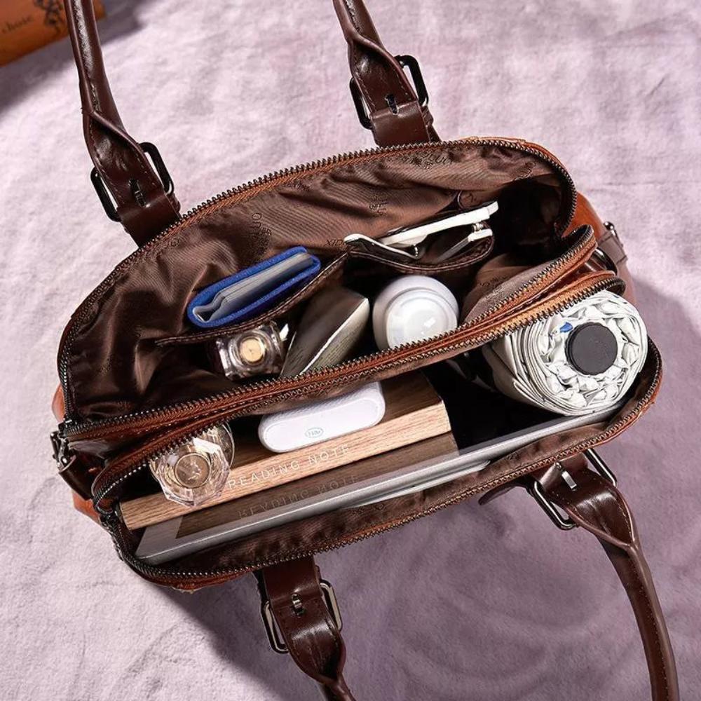 Women's Vintage Look Bowler Handbag – Twin Handle Buckle Detail Bag with Shoulder Strap