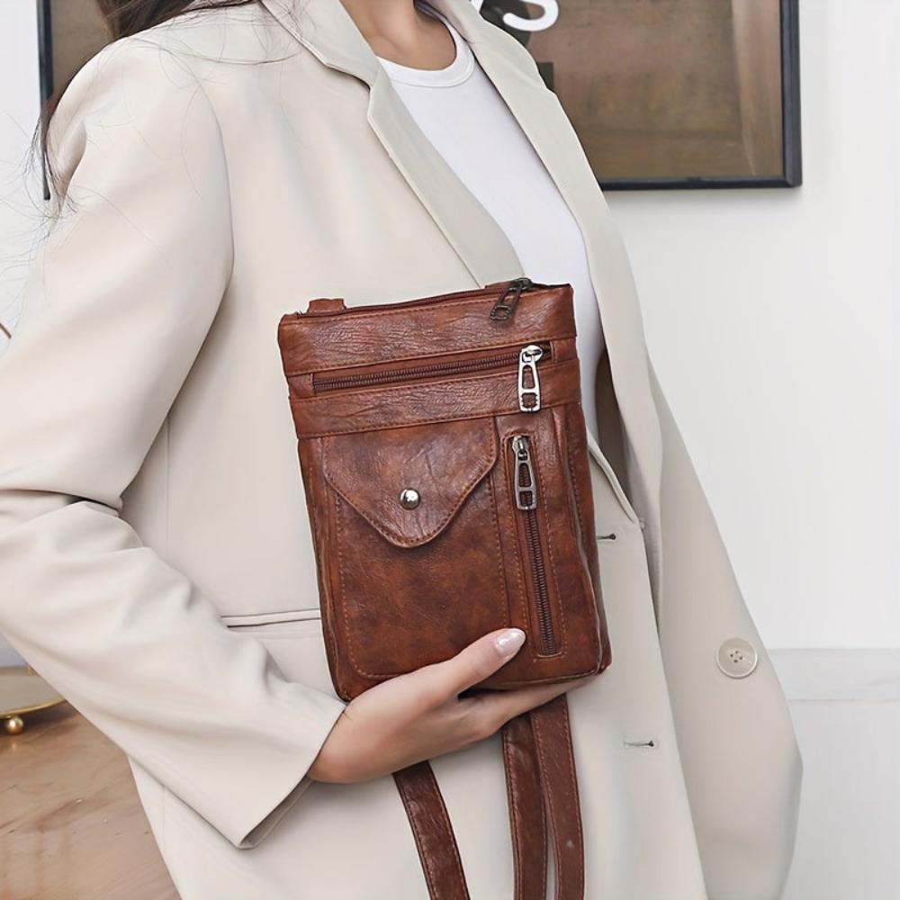Women's Vintage Look Crossbody Bag – Slim Flap Pocket Shoulder Bag with Zip Compartments