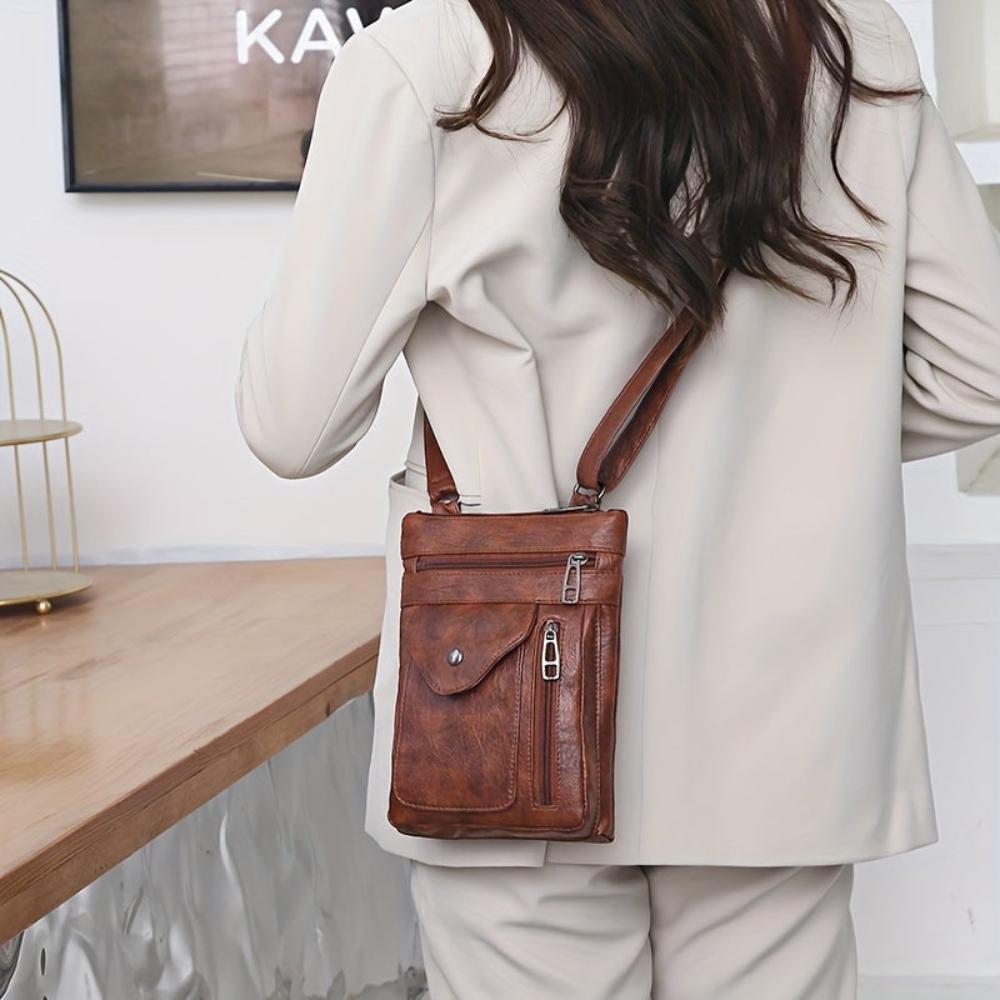 Women's Vintage Look Crossbody Bag – Slim Flap Pocket Shoulder Bag with Zip Compartments