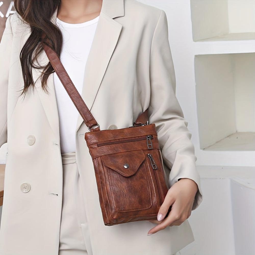 Women's Vintage Look Crossbody Bag – Slim Flap Pocket Shoulder Bag with Zip Compartments